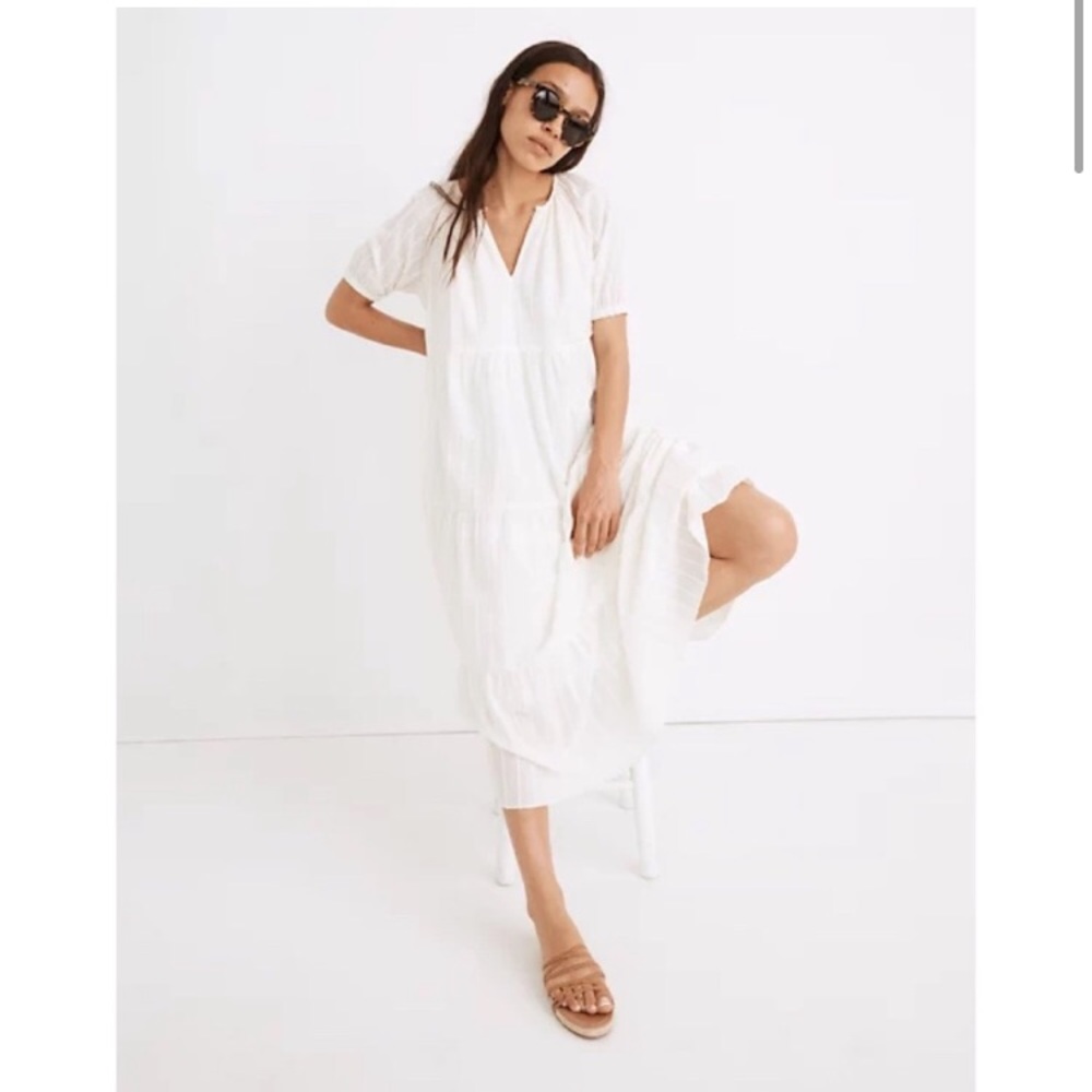 Madewell Bubble Sleeve Tiered Midi Dress in Textural Stripe